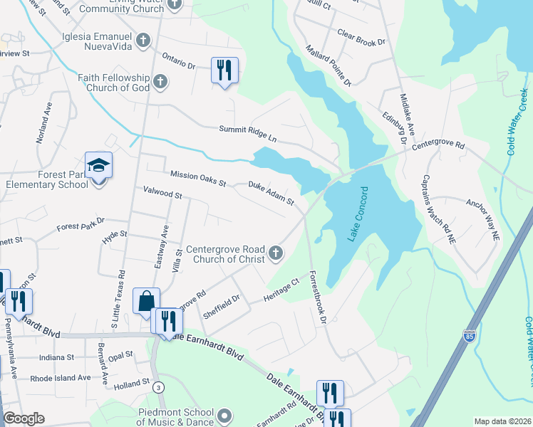 map of restaurants, bars, coffee shops, grocery stores, and more near 1925 Mission Oaks Street in Kannapolis