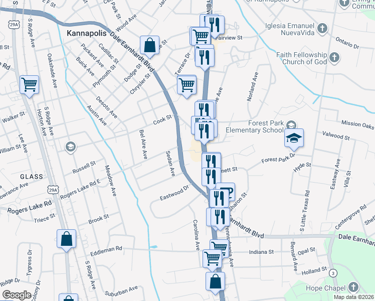 map of restaurants, bars, coffee shops, grocery stores, and more near 1805 Dale Earnhardt Boulevard in Kannapolis
