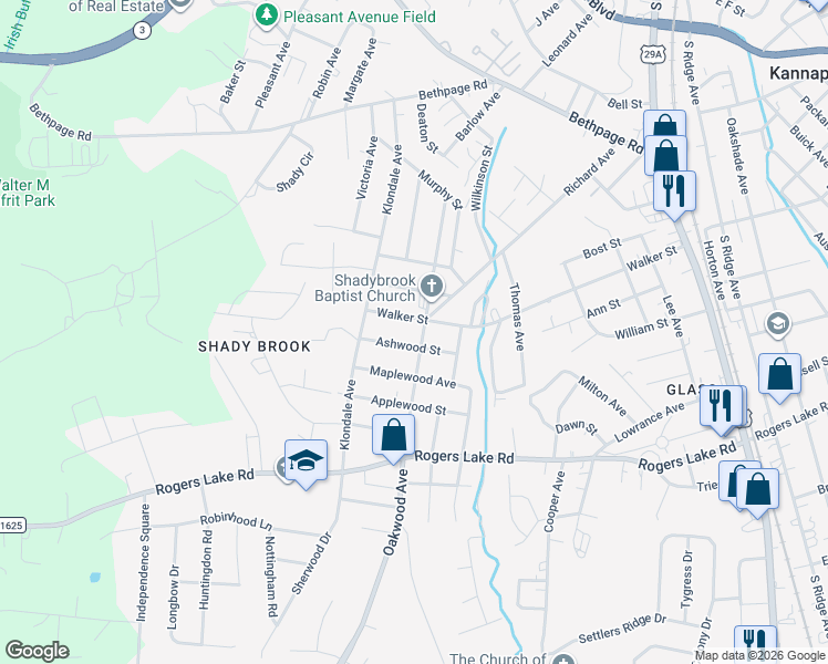 map of restaurants, bars, coffee shops, grocery stores, and more near 1100 Oakwood Avenue in Kannapolis