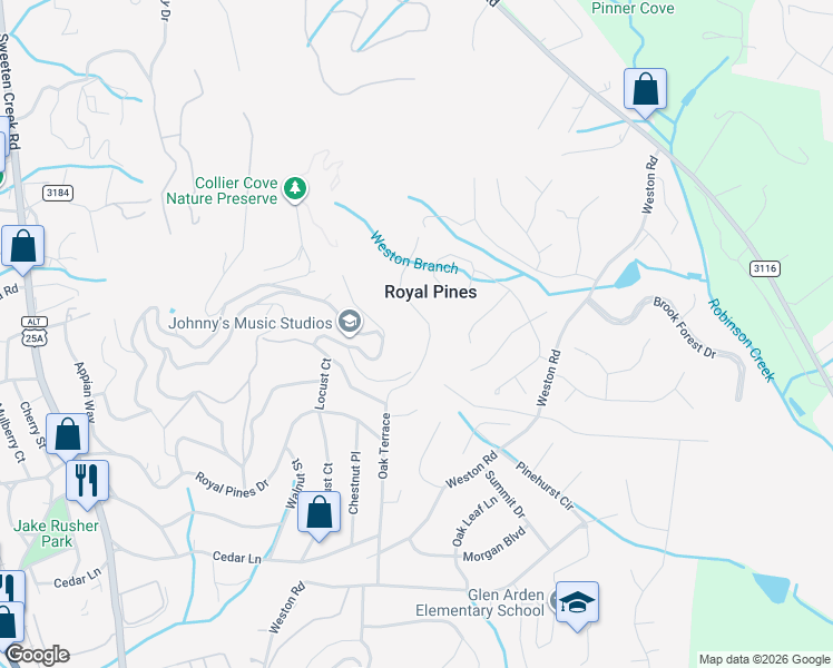 map of restaurants, bars, coffee shops, grocery stores, and more near 18 North Oak Terrace in Arden