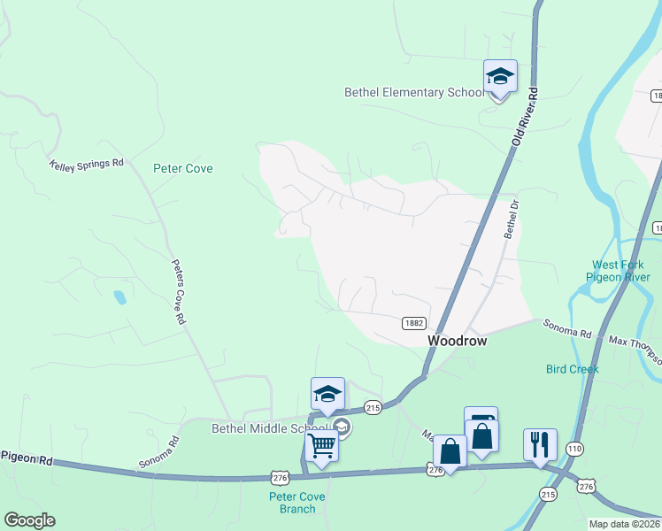 map of restaurants, bars, coffee shops, grocery stores, and more near 116 Dolata Lane in Waynesville