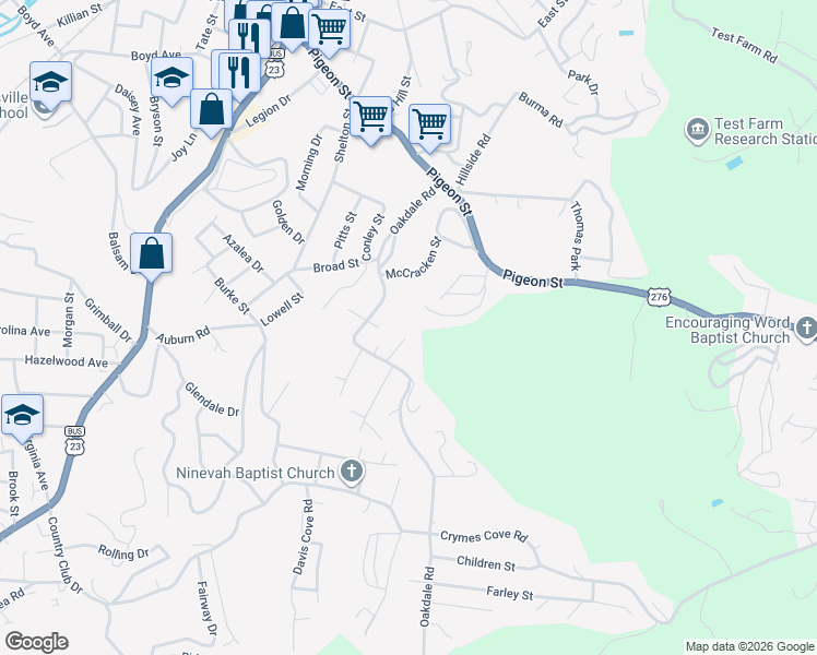 map of restaurants, bars, coffee shops, grocery stores, and more near 345 Oakdale Road in Waynesville