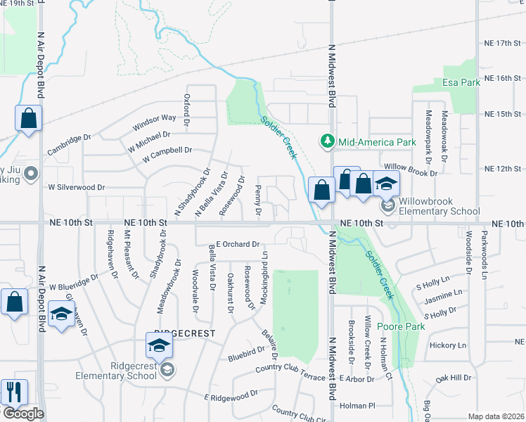 map of restaurants, bars, coffee shops, grocery stores, and more near 3809 Penny Drive in Midwest City