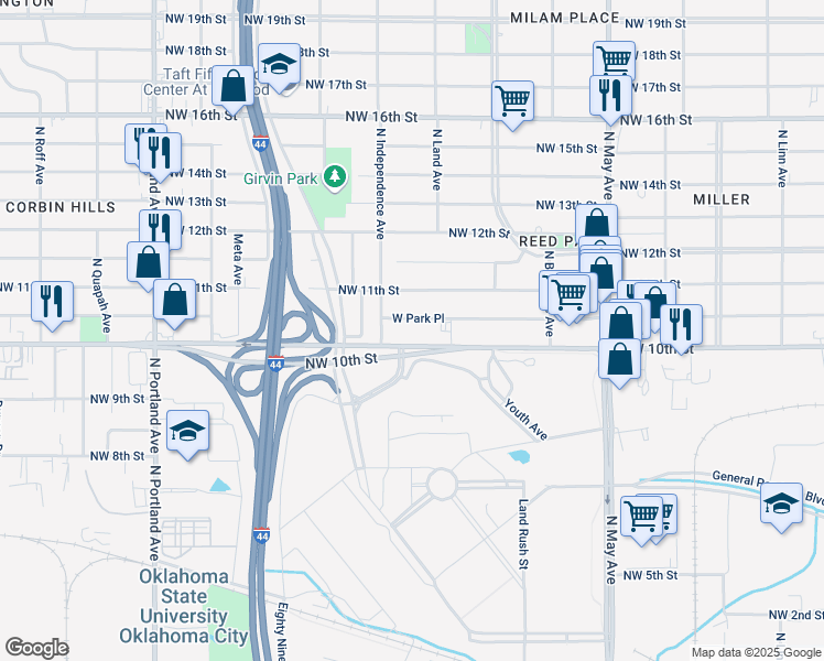 map of restaurants, bars, coffee shops, grocery stores, and more near 3229 West Park Place in Oklahoma City