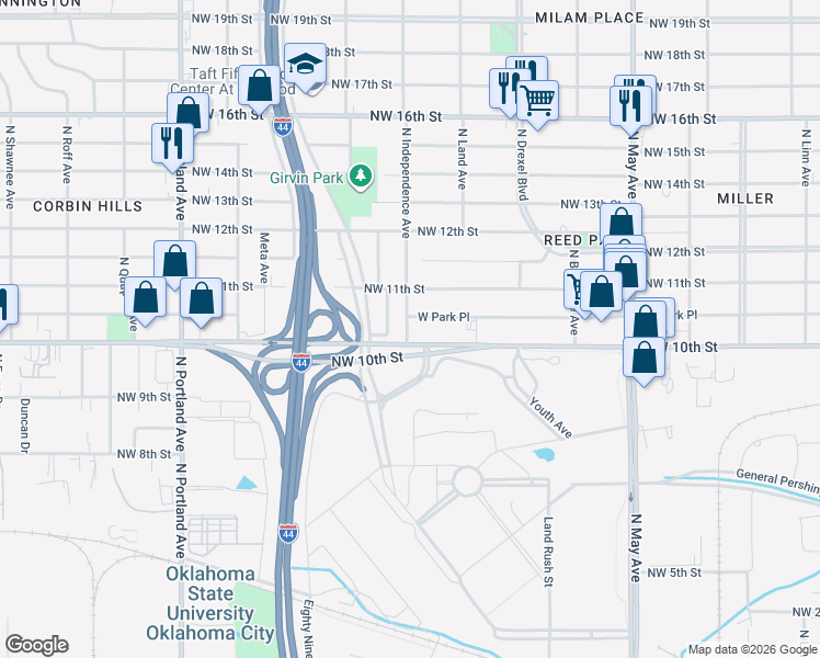 map of restaurants, bars, coffee shops, grocery stores, and more near 1116 North Woodward Avenue in Oklahoma City