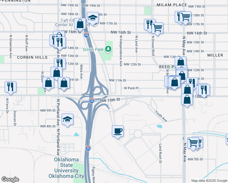 map of restaurants, bars, coffee shops, grocery stores, and more near 1116 North Woodward Avenue in Oklahoma City