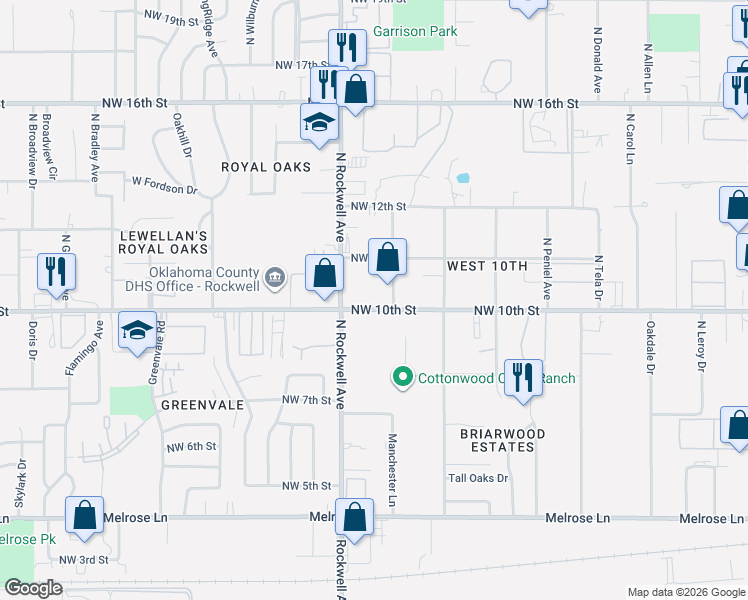 map of restaurants, bars, coffee shops, grocery stores, and more near 6901 Northwest 10th Street in Oklahoma City