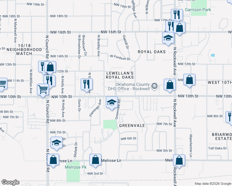 map of restaurants, bars, coffee shops, grocery stores, and more near 7515 Northwest 10th Street in Oklahoma City