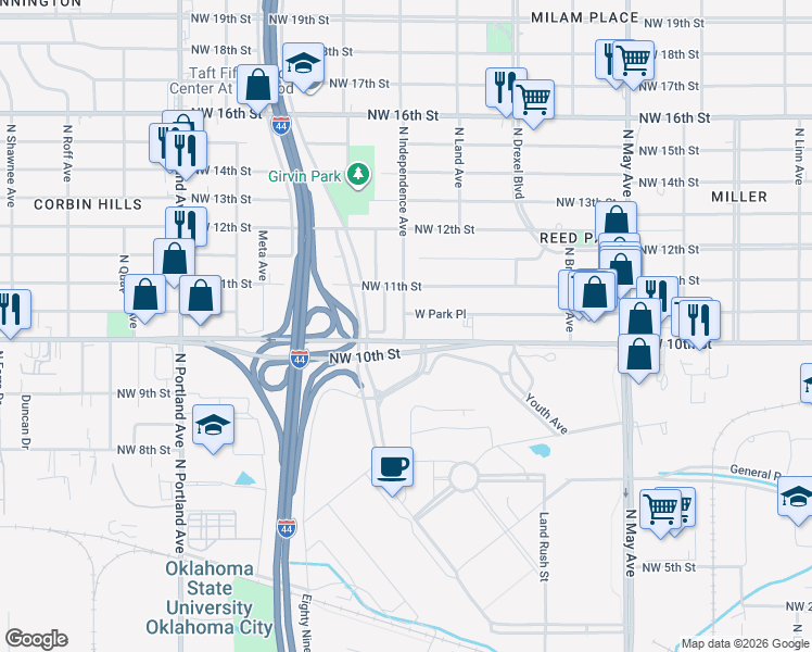 map of restaurants, bars, coffee shops, grocery stores, and more near 1116 North Woodward Avenue in Oklahoma City