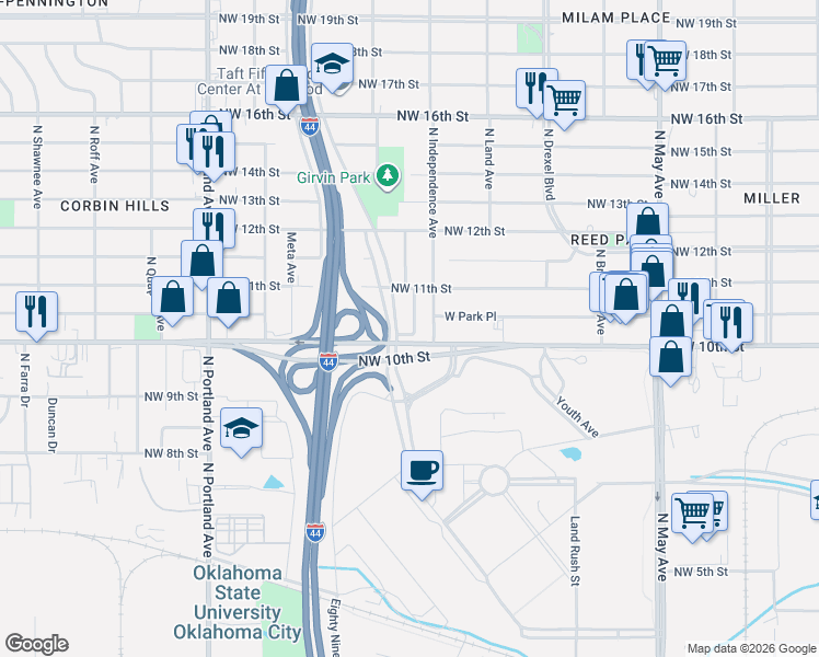 map of restaurants, bars, coffee shops, grocery stores, and more near 1116 North Woodward Avenue in Oklahoma City