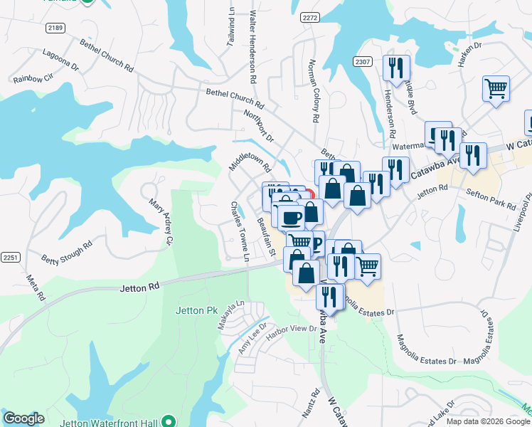map of restaurants, bars, coffee shops, grocery stores, and more near in Cornelius
