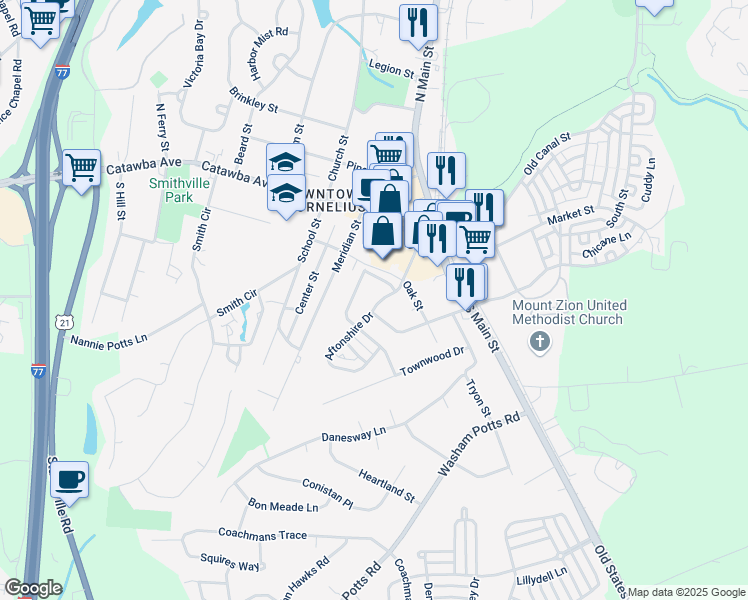 map of restaurants, bars, coffee shops, grocery stores, and more near 21649 Aftonshire Drive in Cornelius