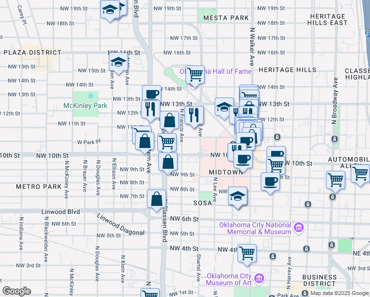 map of restaurants, bars, coffee shops, grocery stores, and more near 1110 North Francis Avenue in Oklahoma City