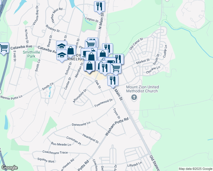 map of restaurants, bars, coffee shops, grocery stores, and more near 19829 South Main Street in Cornelius
