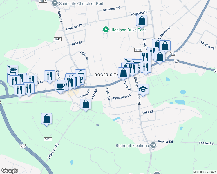 map of restaurants, bars, coffee shops, grocery stores, and more near 2430 East Main Street in Lincolnton