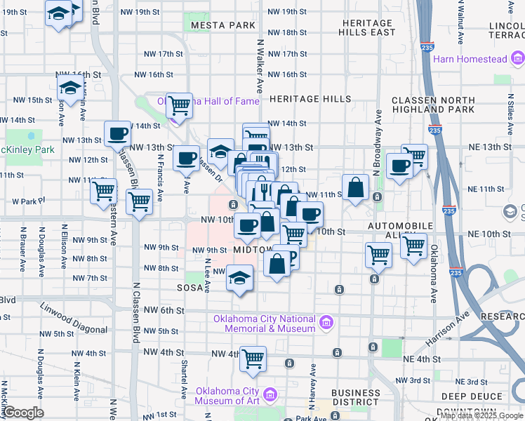 map of restaurants, bars, coffee shops, grocery stores, and more near 1120 North Walker Avenue in Oklahoma City