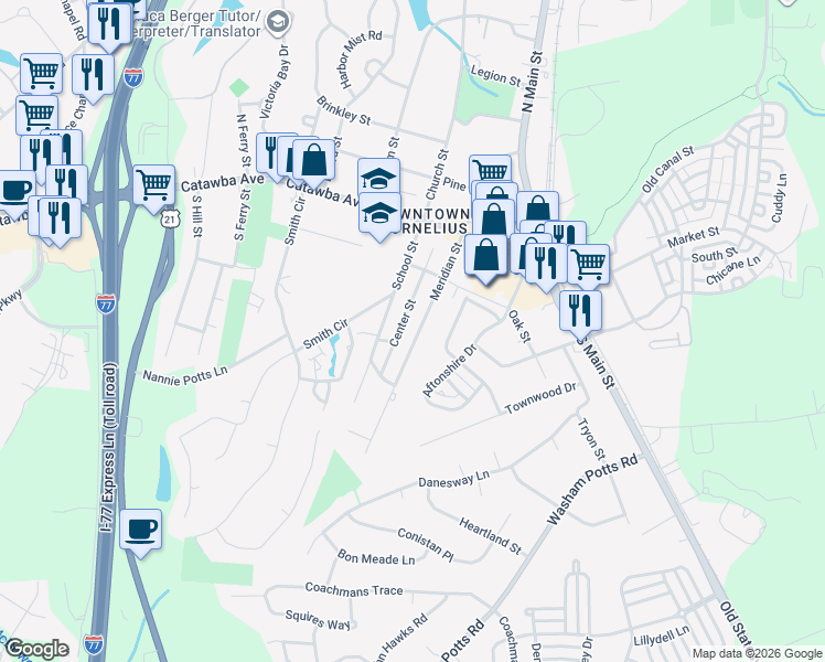 map of restaurants, bars, coffee shops, grocery stores, and more near 19517 Center Street in Cornelius