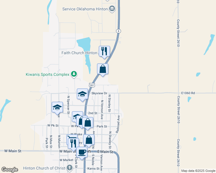 map of restaurants, bars, coffee shops, grocery stores, and more near 212 East Skyview Road in Hinton