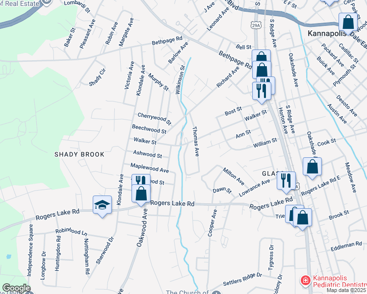 map of restaurants, bars, coffee shops, grocery stores, and more near Rosewood Avenue in Kannapolis