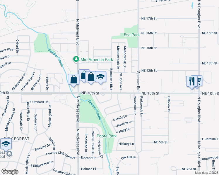 map of restaurants, bars, coffee shops, grocery stores, and more near 8105 Northeast 10th Street in Midwest City