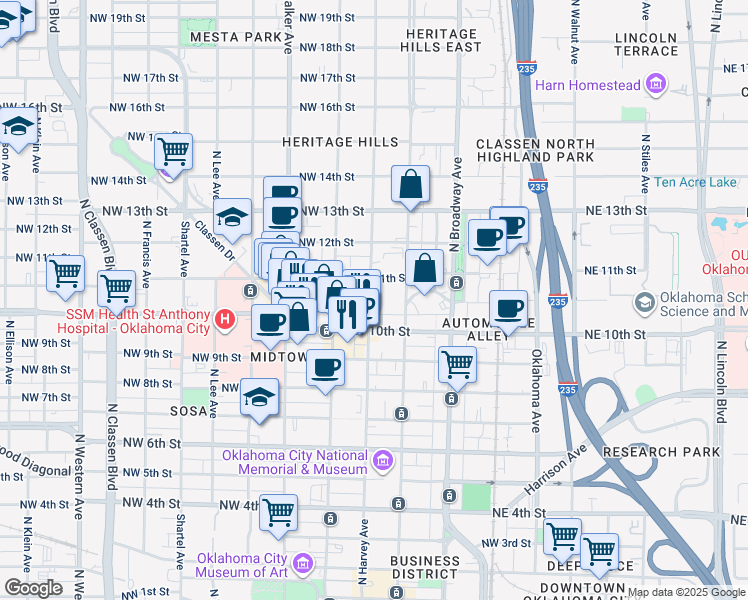 map of restaurants, bars, coffee shops, grocery stores, and more near 1125 North Harvey Avenue in Oklahoma City