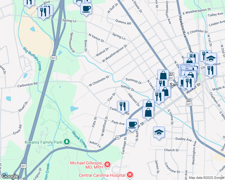 map of restaurants, bars, coffee shops, grocery stores, and more near 619 Sunset Drive in Sanford