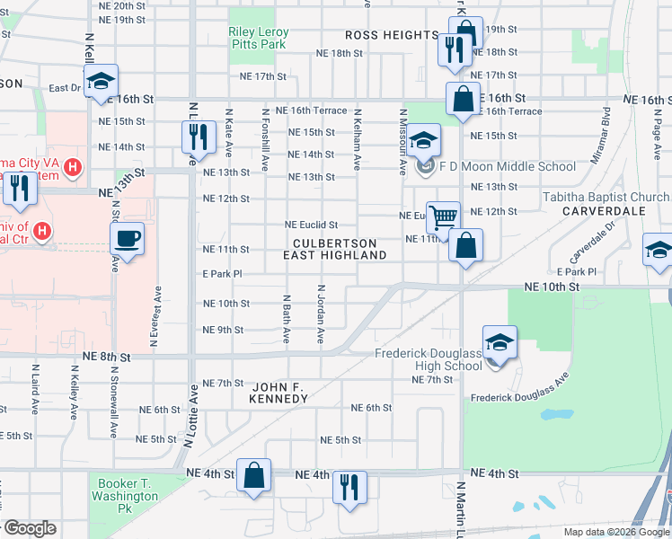 map of restaurants, bars, coffee shops, grocery stores, and more near 1613 East Park Place in Oklahoma City