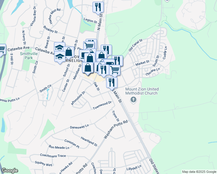 map of restaurants, bars, coffee shops, grocery stores, and more near 21501 Hickory Street in Cornelius