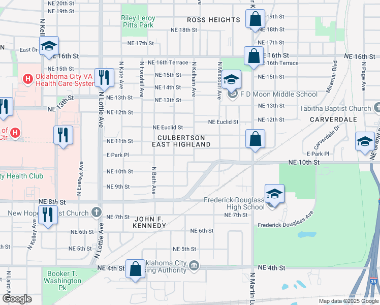 map of restaurants, bars, coffee shops, grocery stores, and more near 1629 East Park Place in Oklahoma City