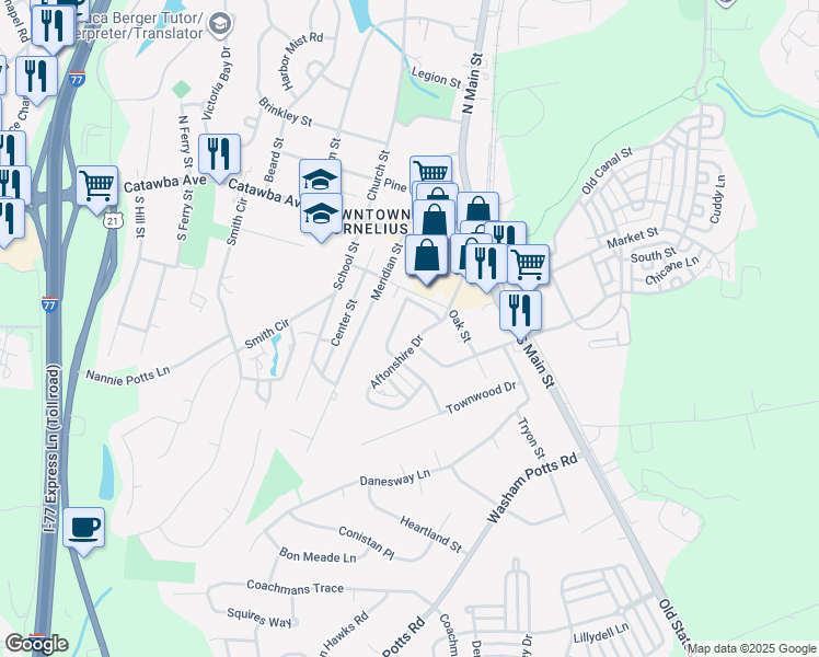 map of restaurants, bars, coffee shops, grocery stores, and more near 21725 Aftonshire Drive in Cornelius