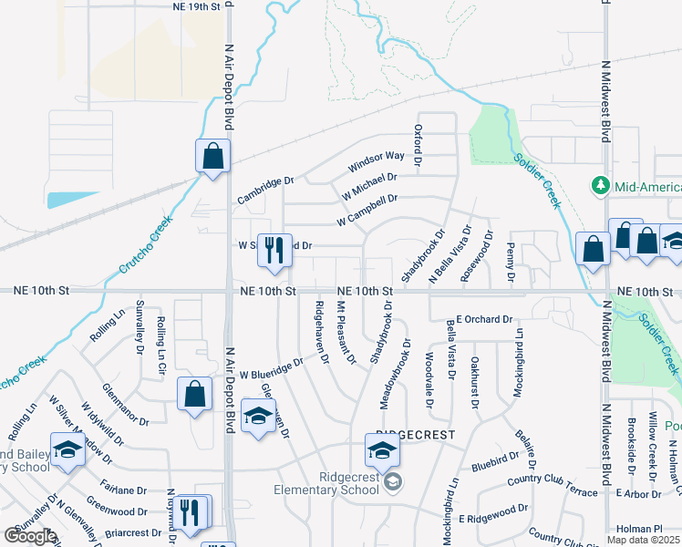 map of restaurants, bars, coffee shops, grocery stores, and more near 3814 North Oak Grove Drive in Midwest City