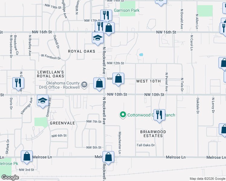 map of restaurants, bars, coffee shops, grocery stores, and more near 6901 Northwest 10th Street in Oklahoma City
