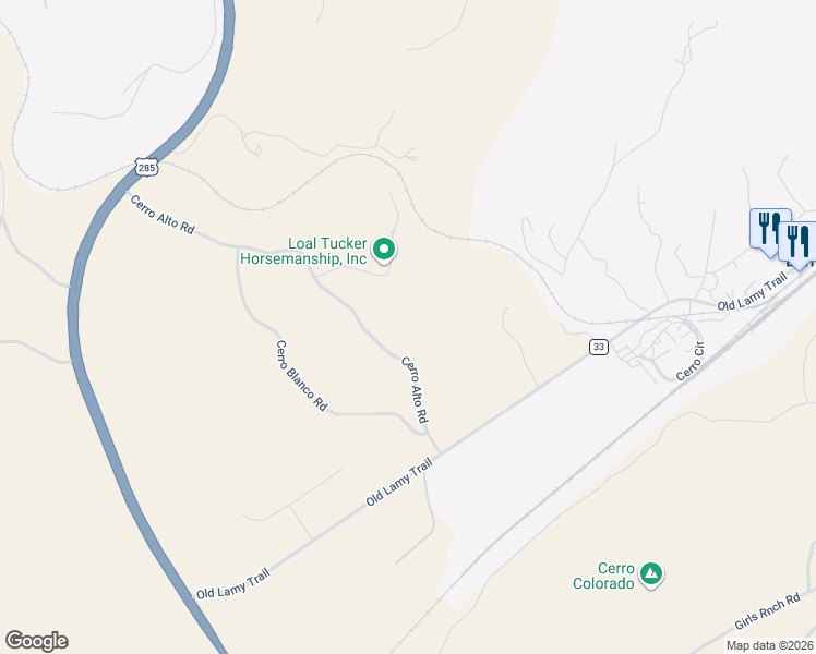 map of restaurants, bars, coffee shops, grocery stores, and more near 20 Cerro Alto Road in Lamy