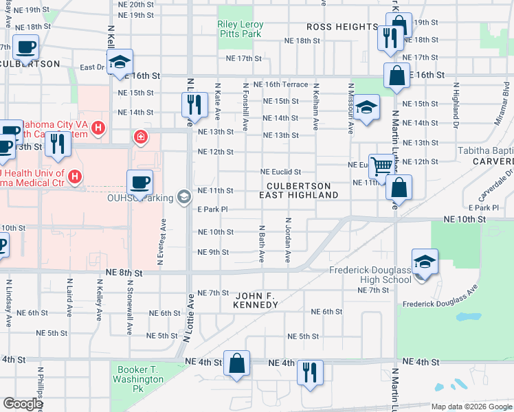 map of restaurants, bars, coffee shops, grocery stores, and more near 1449 East Park Place in Oklahoma City