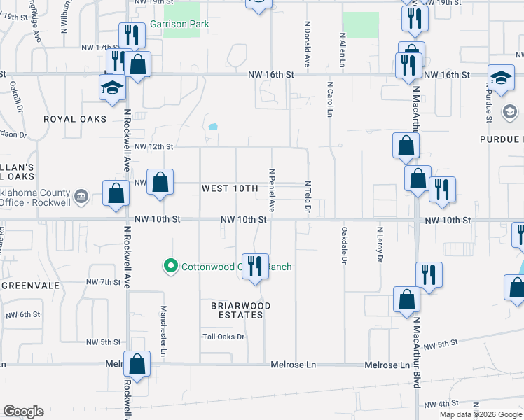 map of restaurants, bars, coffee shops, grocery stores, and more near 6615 Northwest 10th Street in Oklahoma City