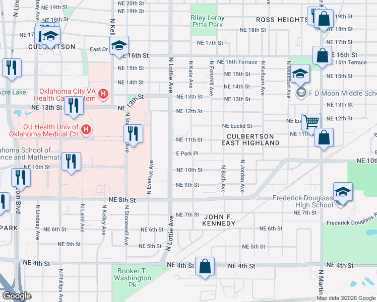 map of restaurants, bars, coffee shops, grocery stores, and more near 1329 East Park Place in Oklahoma City