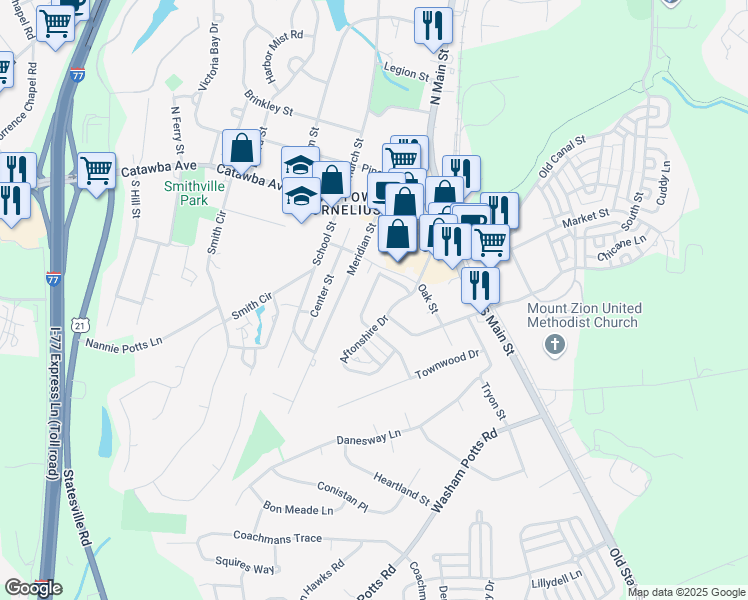 map of restaurants, bars, coffee shops, grocery stores, and more near 19768 Feriba Place in Cornelius
