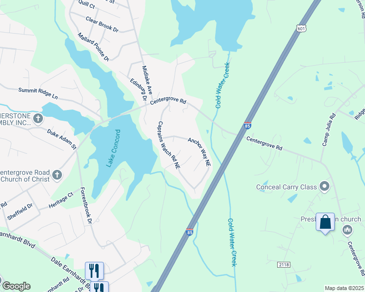 map of restaurants, bars, coffee shops, grocery stores, and more near 927 Harbour View Cove Northeast in Kannapolis