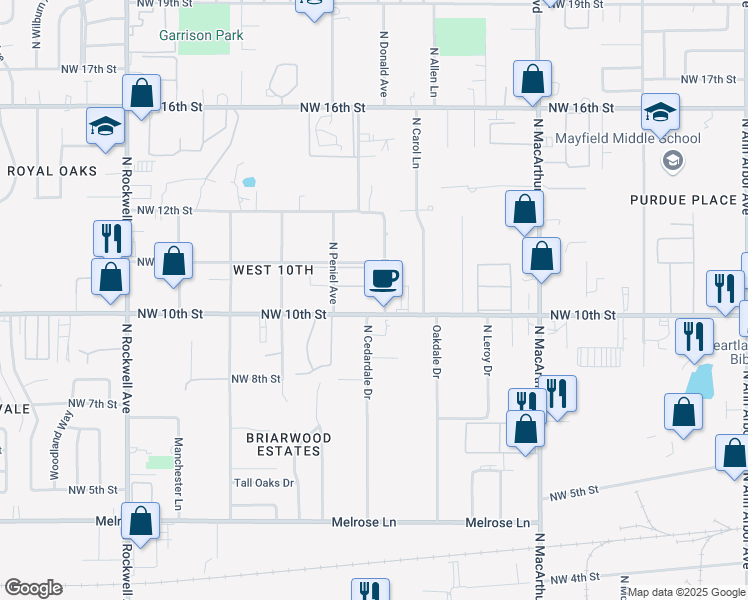 map of restaurants, bars, coffee shops, grocery stores, and more near 6401 Northwest 10th Street in Oklahoma City
