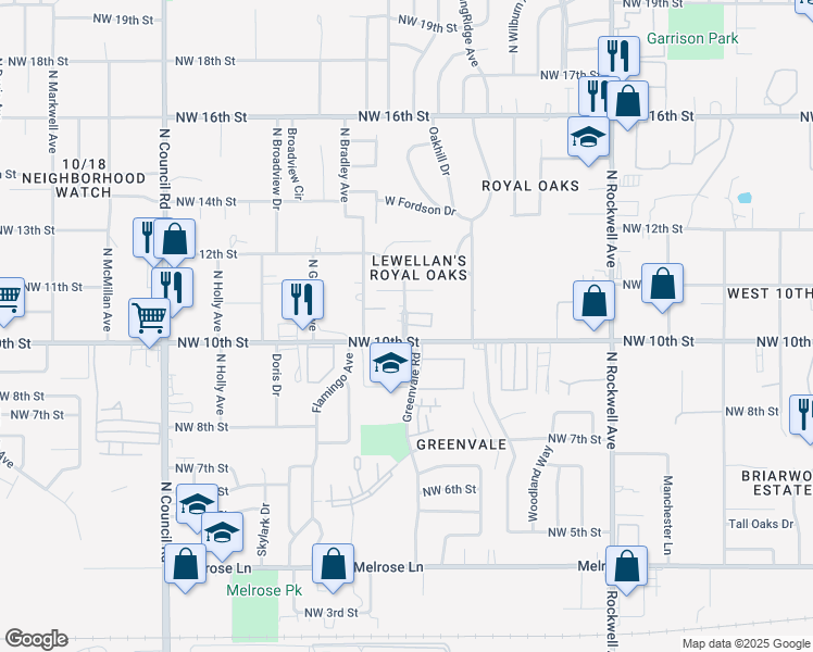 map of restaurants, bars, coffee shops, grocery stores, and more near 1126 Glade Avenue in Oklahoma City