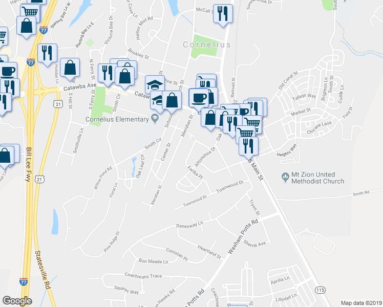map of restaurants, bars, coffee shops, grocery stores, and more near 19764 Feriba Place in Cornelius