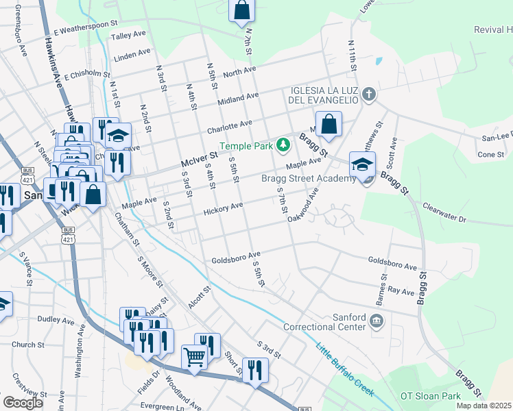map of restaurants, bars, coffee shops, grocery stores, and more near 408 Hickory Avenue in Sanford
