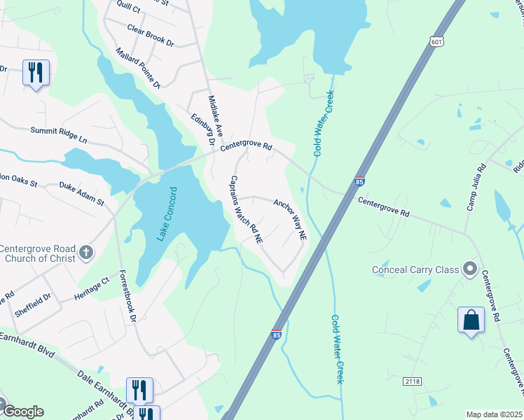 map of restaurants, bars, coffee shops, grocery stores, and more near 923 Harbour View Cove Northeast in Kannapolis