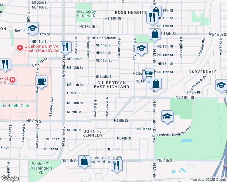 map of restaurants, bars, coffee shops, grocery stores, and more near 1629 East Park Place in Oklahoma City