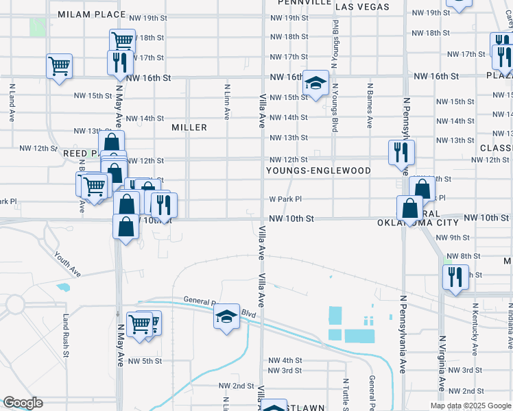 map of restaurants, bars, coffee shops, grocery stores, and more near 2504 West Park Place in Oklahoma City