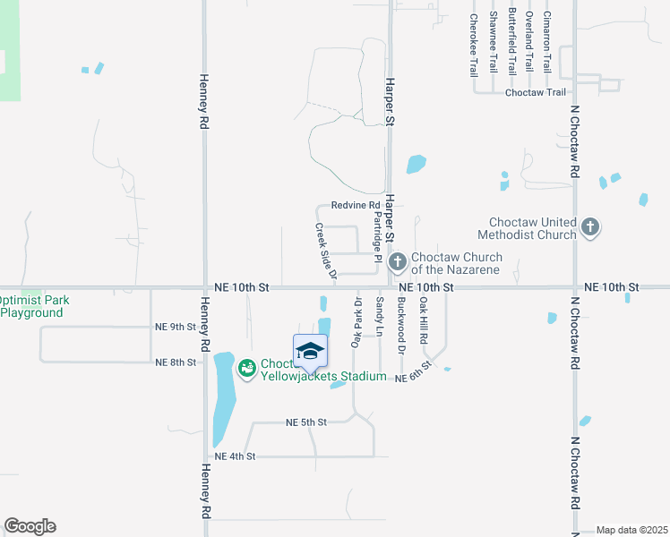 map of restaurants, bars, coffee shops, grocery stores, and more near 1066 Creek Side Drive in Choctaw