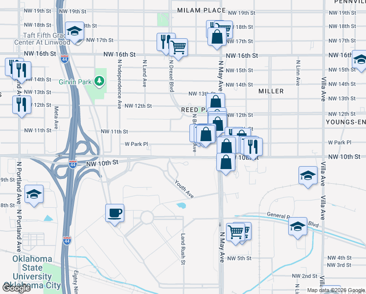 map of restaurants, bars, coffee shops, grocery stores, and more near 3020 West Park Place in Oklahoma City