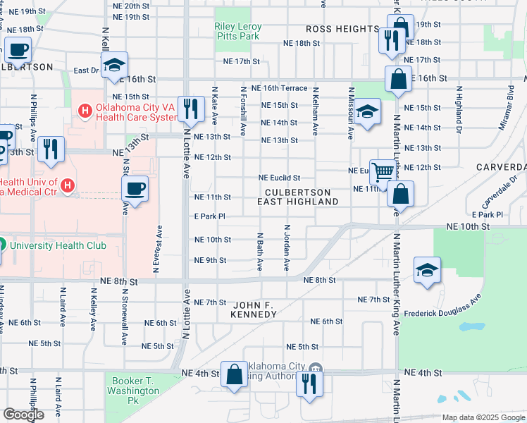 map of restaurants, bars, coffee shops, grocery stores, and more near 1114 North Bath Avenue in Oklahoma City