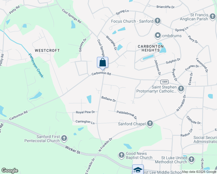 map of restaurants, bars, coffee shops, grocery stores, and more near 725 Creekside Drive in Sanford