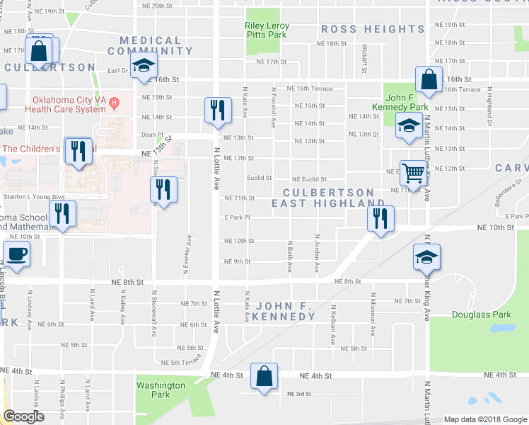 map of restaurants, bars, coffee shops, grocery stores, and more near 1425 East Park Place in Oklahoma City
